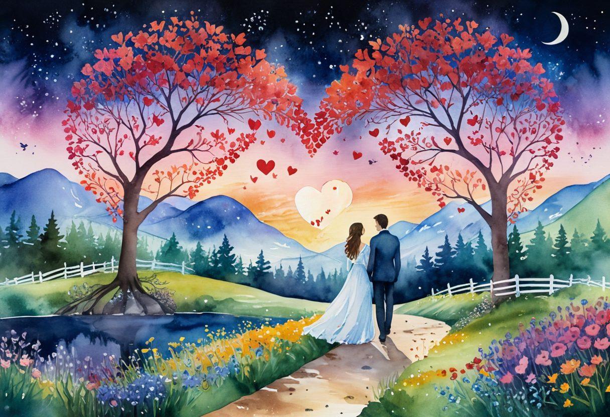 A whimsical journey through a heart-shaped path lined with blooming flowers, where a diverse couple shares an intimate moment under a starlit sky. Love symbols like hearts and intertwined hands float around them, representing connection and intimacy. Soft, romantic colors create a warm atmosphere, inviting viewers to join the journey of love. watercolor art. vibrant colors. dreamy style.