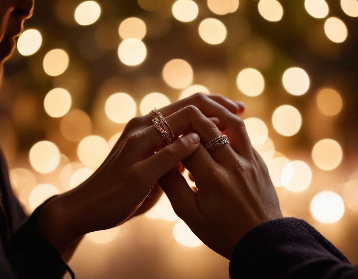A warm, intimate scene showing two hands gently intertwined, adorned with delicate rings, surrounded by soft glowing lights that represent love and connection. In the background, a silhouette of a couple sharing a quiet moment, symbolizing deep emotional bonds. Subtle floral elements to evoke a sense of growth and nurturing. vibrant colors. soft focus. romantic lighting.