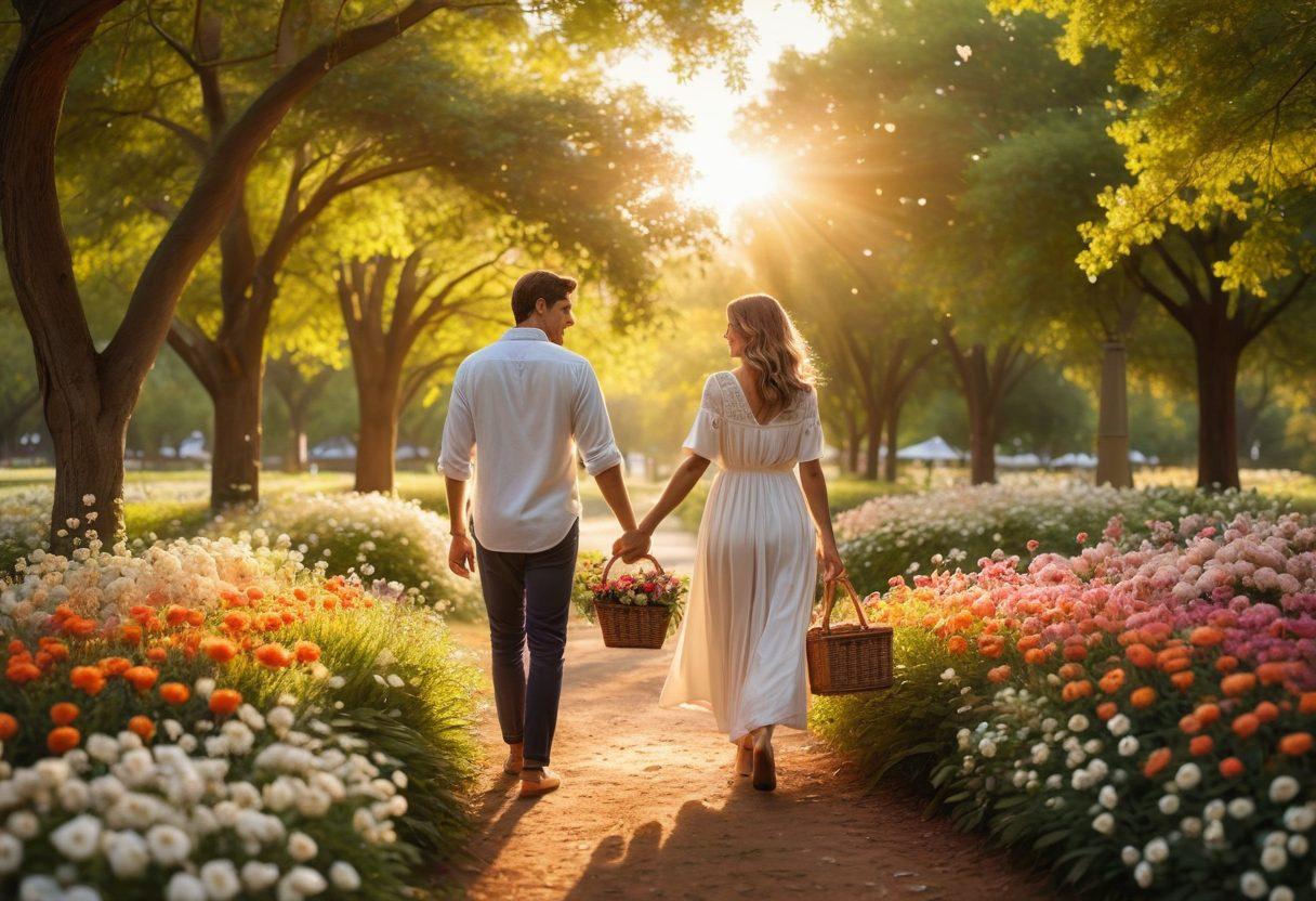 A warm, inviting scene depicting a couple holding hands in a lush, serene park during golden hour, surrounded by blooming flowers and soft sunlight illuminating their joyful expressions. In the background, a gentle breeze rustles the leaves, and whimsical hearts float in the air, symbolizing love and intimacy. A cozy blanket with heartfelt letters and a picnic basket rests nearby, inviting connection and conversation. super-realistic. vibrant colors. warm tones.